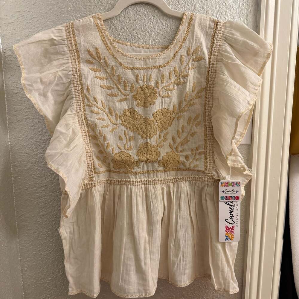 Camelia Mexican Boutique Hand Embroidered Flutter Sleeve Peplum Blouse #111